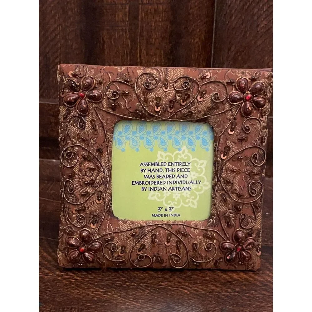 Handmade Indian Beaded Embroidered Photo Frame 3x3 Zari Floral Boho Brown